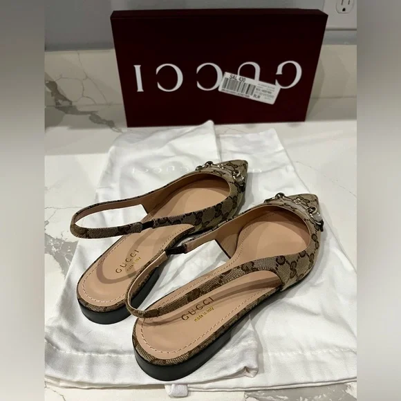 Like New Gucci GG Monogram Horsebit Slingback Flats pointed Size 37.5 - Picture 4 of 15